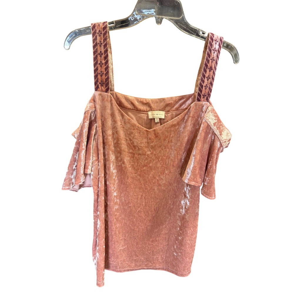 Lucky Brand Womens XL Velvet Cold Shoulder Top Dusty Rose Pink Ruffle Sleeve